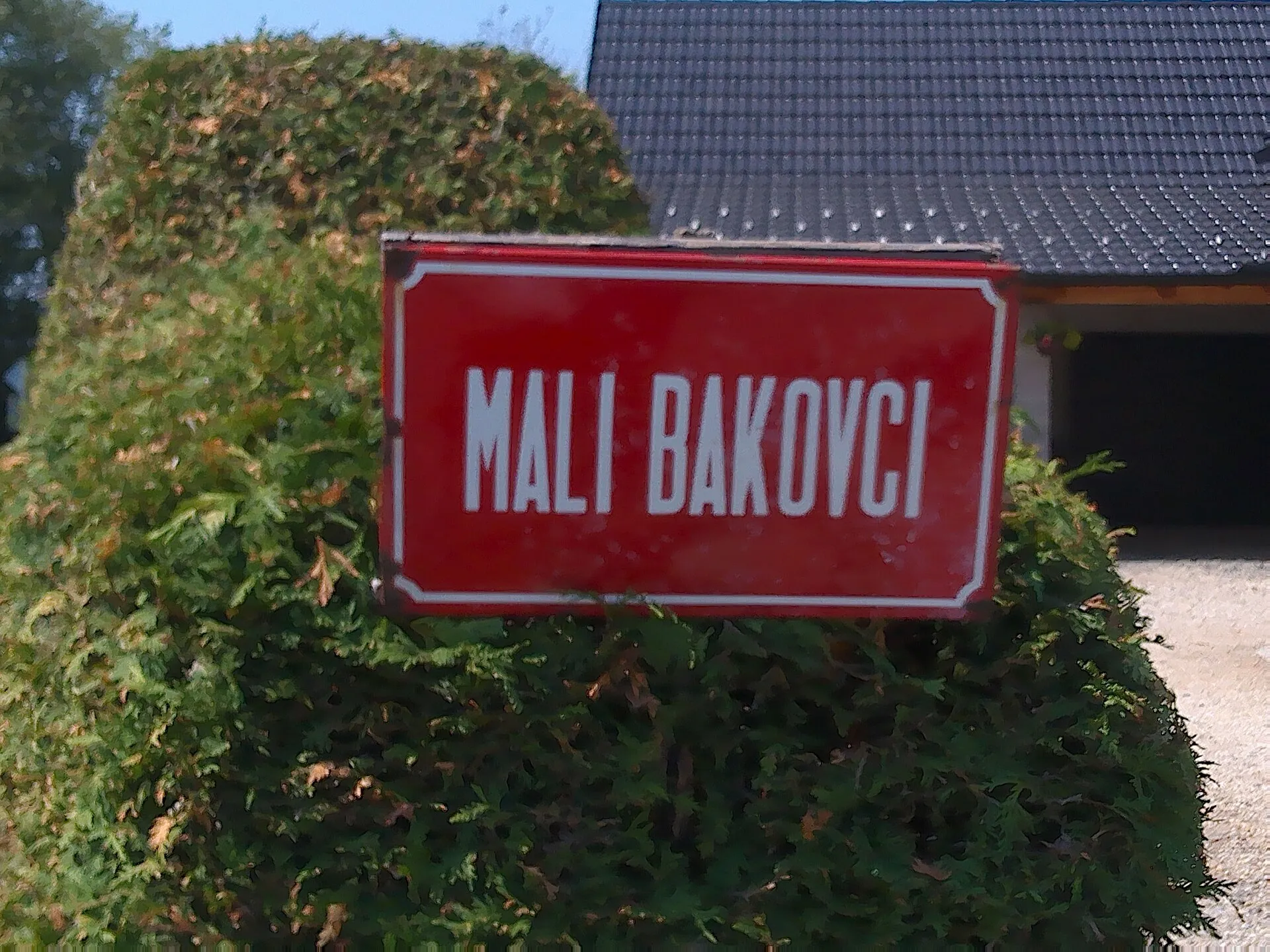 Rdeča krajevna tabla Mali Bakovci pred živo mejo